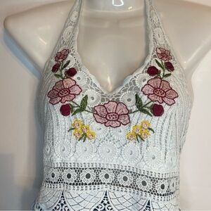 Papaya Boho Floral Embroidered Halter Jumpsuit Romper Navy & White Wide Leg